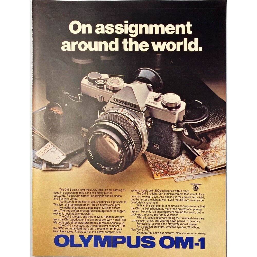 Olympus OM-1 Camera "On Assignment Around the World" Vintage Print Ad 1979